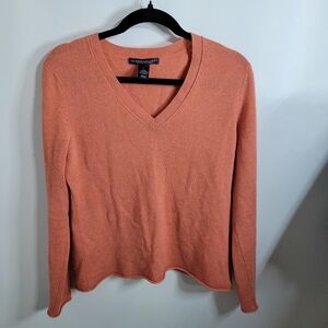 Elena Solano 100% 2 Ply Orange Cashmere V-neck Sweater, Size L